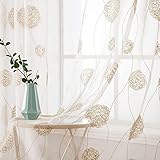 MIULEE Vorhänge mit Florales Stickerei,Gardinen Weiß mit Golden Muste für Wohnzimmer, Schlafzimmer Vorhang Transparent mit Ösen, 2er Set Voile Blumen Durchsichtig Vorhänge, Jeder H 225 X B 140cm