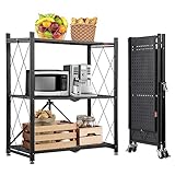DEANIC 3 Etagen Klappregal Schwerlastregal,Haushaltsregal Standregal Klappbares Küchenregal mit Rollen,71 x 34 x 90cm Metallregal Schwarz,Bücherschrank Kostenlose Installation Wohnzimmer(Schwarz)