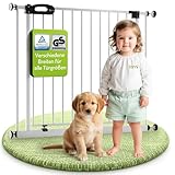 BOMI TÜV GS Siegel Schutzgitter XXL Merle | Ohne Bohren | 90° Stop | Schließt automatisch | Türschutzgitter schmal weiß Metall | Treppenschutzgitter Türgitter Klemmgitter | Breite: 63-71 cm