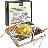 Moritz & Moritz 5x Weiße Dipschalen Set mit Brett Holz - Dip Schälchen für Snacks - Snack Schalen Set Keramik - Dip Schalen Set - Kleine Schüsseln als Saucenschälchen, Snackschalen, Dessertschalen