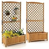 FANTASK Spalier mit Rankgitter & Drainageloch, Pflanzkasten mit Blumenkasten aus Tannenholz, Hochbeet Gartenspalier Rankkasten, Gelb