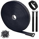 Brslainn Klettband, 10 m x 2 cm Kabelbinder mit 50 Schnalle, Klett Kabelbinder Wiederverschließbar, Freie Schnittlänge Kabel Klettverschluss, für Kabel, Schläuche, Nähen, Schwarz