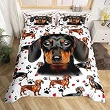 ZZTBQ Hund Tiermotiv Bettwäsche-Set für Kinder 135x200 2teilig Hundepfotenabdrücke Kinderbettwäsche 1 Bettbezug 135x200 cm + 1 Kissenbezüge 80X80 cm, Braun Schwarz Dackel-Hundemuster Bettwäsche-Sets