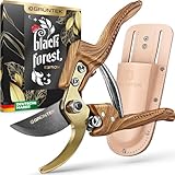 GRÜNTEK Premium Gartenscheren Set Bypass 210 mm mit Echtleder-Holster, Black Forest Edition, Geschenk Idee, Antihaft-beschichtete Präzisionsklinge, Titan-beschichtet, Ergo-Griff in Natur Holz-Design