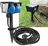 Vonhoff Gartensteckdose mit Erdspieß, 2-fach IP44, 10m Gummikabel, 230V, 3680W, Zeitschaltuhr, Outdoor Steckdose wetterfest