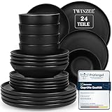 Twinzee Steinzeug Geschirrset Schwarz - Set von 24 Geschirr und Tischkunst - Teller Set - Mikrowellen- und Spülmaschinenfest - Langlebig und Elegant