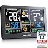 Newentor Wetterstation Funk mit Außensensor - Funkwetterstation mit Wettervorhersage, Temperaturwarnung, DCF Funkuhr - Batteriebetrieb und Netzbetrieb, Weiß, 1 Außensensoren