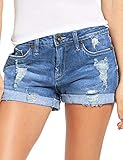 Damen Casual Ripped Denim Shorts Mittlere Taille Kurze Jeanshose mit Taschen Hellblau L