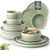 GBhome Geschirrset 6 Personen, 18-tlg Reaktive Glasur Handarbeit Steingut Geschirr Set, Mikrowellen- & Spülmaschinenfest Schüssel- und Teller Set, Ruhiges Grün
