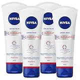 Nivea Handcreme 3-in-1 pflegende Formel Samt 24 Stunden mit Dexpanthenol zur sofortigen Entlastung und lang anhaltenden Schutz auf trockener, rissiger Haut – 4 Flaschen à 100 ml