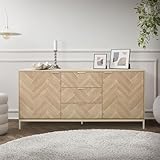 ML-Design Sideboard 160x75,5x40 cm, Eiche Optik mit Fischgrätenmuster, Metallgestell Gold, Kommode mit 2 Türen und 3 Schubladen, Anrichte mit 5 Füßen, Aufbewahrungsschrank für Küche und Wohnzimmer