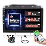 【Qualcomm】8 Kern 4+64GB Android 15 Autoradio für Peugeot 308 408 2007-2015 Wireless Carplay Android Auto,9''Touchscreen Radio 3D-Automodell/Kühlventilator/GPS/BT/WiFi/Rückfahrkamera/DSP/FM/RDS/SWC/Mic