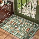 ARRITS Blumen Teppich für Eingangsbereich 60x90 cm Waschbar Kleine Vintage Boho Badezimmer Fußmatte Rutschfester Weicher Kurzflor Dünner Innen Teppiche Für Küche Haustür Eingang Bauernhaus, Grün