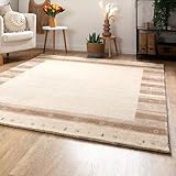 Steffensmeier Gabbeh Teppich Zagros | Wolle, Bordüre Beige, Größe: 170x240 cm Kurzflor Teppich für Wohnzimmer, Ethno Look