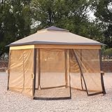 Dexinhdh Doppeldachpavillon Aus Metall Für Den Außenbereich, Pop-Up-Faltzelt, Leicht Aufstellbarer Unterstand Aus Metall Mit Gazevorhang, Dreistufige Höhenverstellung(Brown)