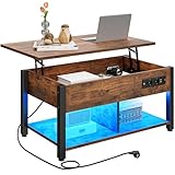 YITAHOME Couchtisch mit Anhebbarer Platte, Leicht Anzuheben, 2-Stufiger Stauraum, Höhenverstellbarer Couchtisch mit Verstecktem Staufach und LED Beleuchtung für Wohnzimmer, Büro, Vintage-Braun