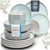Steingut Geschirrset 6 Pers. Ibiza 24-tlg Hochwertiges Mediterranes TEST SEHR GUT Steingut Geschirr Set - Schüssel- und Teller Set - Kombiservice 6 Personen Geschirrsets Pure Living in Blau-Beige