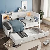 ModernLuxe Schlafsofa Daybett für Kinderzimmer 90x200 cm mit Ausziehbett und USB, Ferngesteuerte Ambientebeleuchtung, Bettseitiges Staufach, Tagesbett, Ohne Matratze, Weiß
