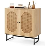 KOMFOTTEU Sideboard mit 2 Türen aus Rattan, Buffet Anrichte mit verstellbaren Regalen & Kippsicherung, Kommode Beistellschrank aus Holz, Küchenschrank für Küche, Wohnzimmer, Esszimmer, 80 x 40 x 81,5