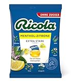 Ricola Menthol Zitrone Extra Stark, Schweizer Kräuterbonbon, 1 x 75g Beutel, ohne Zucker, Für ein freies Atemgefühl