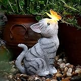 HIAME Garten Deko Schmetterlinge Deko Solarlampen für Außen Balkon Gartendekoration Innenhof Layout niedlichen Katze Top Schmetterling Ornamente Harz Solarleuchten im Freien kreative Tiere (A)