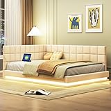 FEZTOY Polsterbett 140x200 mit LED und USB-Anschluss, Bettgestell mit Lattenrost,Tagesbett Schlafsofa Bett Bettsofa Gästebett Jugendbett, ohne Matratze (Beige, 140x200)