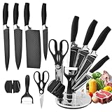Aleevii 8-teiliges Messerset, Küchenmesser Set mit Messerblock Schleifstein Küchenschere und Skinner – Edelstahlmesser, Messer Set für Schneiden Schneiden Würfeln Hacken (Schwarzer Griff)