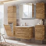 Lomadox Badezimmermöbel Set Eiche, Keramik Waschtisch mit Unterschrank, Spiegelschrank mit LED-Beleuchtung, Hochschrank mit Wäschesammler, Hängeschrank, Unterschrank