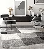 the carpet Pearl Moderner Dichter Kurzflor Wohnzimmer Schlafzimmer Teppich, Konturenschnitt, Geometrische Muster, Kariert, Grau, 140 x 200 cm
