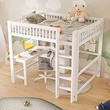 Kinderbett Hochbett 140x200cm mit Schreibtisch Schubladen und mehrere Ablagefächer, Kinder Bett, inklusive Lattenrost, für Kinder, Jugendliche und Erwachsene, ohne Matratze Weiß