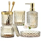 5 Stück Gold Glas Badezimmer Zubehör Set, Glas Badezimmer Accessoires Set von Lotionspender,Seifenschale,Zahnbürstenhalter,Becher,Wattestäbchen Badezimmer Deko Set für Modernes Bad,Vintage Geschenk