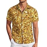 Glitzer Oberteil Herren - Mens Carnival Fashion Digital 3D-Gedrucktes Kurzarm-Button-Down-Hemd-Oberteil (Gold M)