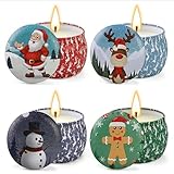 4er Set Weihnachtskerzen in MetalldoseØ 8 cm - Duftkerzen mit weihnachtlichen Motiven 4 Düfte - Nikolaus, Rentier, Schneemann, Lebkuchenmann - Kleine Kerzen in Metalldose für Weihnachten