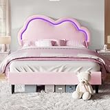 LUXOAK Bettgestell 90 x 200 cm für Mädchen mit verstellbarem Wolken Kopfteil, Samt gepolstert und RGB Beleuchtung, 18 cm Stauraum unter dem Bett, kein Boxspring erforderlich, Farbe Rosa