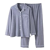 Schlafanzug Herren Winter XL, Schlafanzug Herren Winter Weicher Reverskragen Pijamas Lang Zweiteiliges Pyjama Loungewear Set Knopfleiste Langarm Nachtwäsche Hausanzug Kariert, Dunkelblau, XL