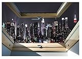 Forwall Fototapete Fenster New York 3D Effekt Stadt Nacht Ilussion Optik Wohnzimmer Schlafzimmer Vlies Tapete Wandtapete UV-Beständig Montagefertig (10417, V8 (368x254 cm) 4 Bahnen)