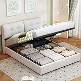 Henunem Polsterbett Doppelbett 140x200 cm mit Steckdosen und LED Beleuchtung,Hydraulisch Stauraumbett mit Lattenrost aus Metall, Bettgestell 140x200 Samt Bett,Ohne Matratze (Weiß, 140x200cm)