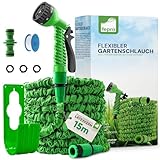 Fepro® Flexibler Gartenschlauch mit 7 Funktion max.15m basic, Wasserschlauch flexibel mit 3-Fach Latexkern inkl. Adapter für 1/2' 3/4' Zoll und Wandhalterung, dehnbarer flexiSchlauch