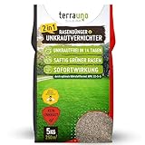 TerraUno Rasendünger mit Unkrautvernichter extra stark, 100 Tage Langzeitwirkung, 5 kg für 250 m², gegen Löwenzahn, Klee uvm., Rasenunkrautvernichter mit Dünger für saftiges Grün im Frühjahr & Sommer