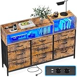 ODK Kommode mit Schubladen, Komodenschrank mit 2 Steckdosen, 2 USB und 10 Farbigen LED-Streifen, Kommode mit Regal Arbeitsplatte mit 9 Stoff Schubladen für Schlafzimmer Wohnzimmer, 130 * 30 * 97cm