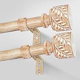 Gardinenstangen aus Holz für Fenster 72 bis 144, 2,5 cm, verstellbar, dekorativ, strapazierfähig, mit Holzmaserung, Blattmuster, Endstücke, Boho-Vorhangstangen für Schlafzimmer, Wohnzimmer, Größe 81,3