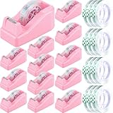 AmazingSpark Tisch-Klebebandabroller mit 12 Rollen transparentem Klebeband, Büro-Schreibtisch-Zubehör, beschwerte, rutschfeste Unterseite zum Verpacken von Zuhause, Schule, Bürobedarf (Rosa)