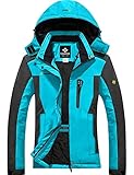 GEMYSE Damen Wasserdichte Berg-Skijacke Winddichte Fleece Winterjacke mit Kapuze (Hellblau Grau,M)