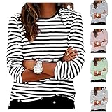 Damen Basic Gestreiftes Langarmshirt Ringelshirt Langarm Shirt Long Sleeve Leicht Basic mit Rundhals Mode Kleidung Langarmshirts Frauen Lässige Oberteile Pullover