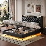 JYNVO Hängebett 140 x 200 cm, LED-Hängebett mit hydraulischem Stauraum, Doppelbett mit integrierter Ladestation im Kopfteil, Versteckter Stauraum am Kopfteil, Jugendbetten, PU-Leder