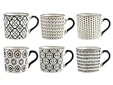 H&H Vhera 6er-Set Teetassen aus Steinzeug, 220 ml – Schwarz-Weiß Dekor, Verschiedene Muster, Zeitloses Design