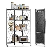 HomeMiYN Klappregal mit Rollen - 4/5 Etagen Schwerlastregal (71x34x121/159cm) - Küchenregal, Lagerregal, Büroregal aus Metall - Schwarz - faltbar & mobil für Wohnzimmer/Küche/Büro (4 Etagen)