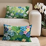 Kissenbezug 30x60 cm 2er Set Grün Outdoor Kissen Rechteckig, Outdoor Wetterfest Kissenbezüge mit Unsichtbarem Reißverschluss, Leinen Sofakissen Blume Kopfkissenbezug für Deko Wohnzimmer Garten Q-6939