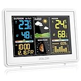 BALDR Wetterstation Funk mit Außensensor, Digital Farbdisplay DCF-Funkuhr Innen und Außen Thermometer Hygrometer, Funkwetterstation mit Wettervorhersage, Barometer und Mondphase, Netzteil