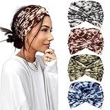 CHUANFU 4 Stück Haarband Damen, Elastische Weiches Stirnband Damen Sport Sommer, Boho Stirnband Print Haarschmuck, Kopfband Breit Mehrfarbig Blumendruck, für Lauf Yoga Fitness (B)